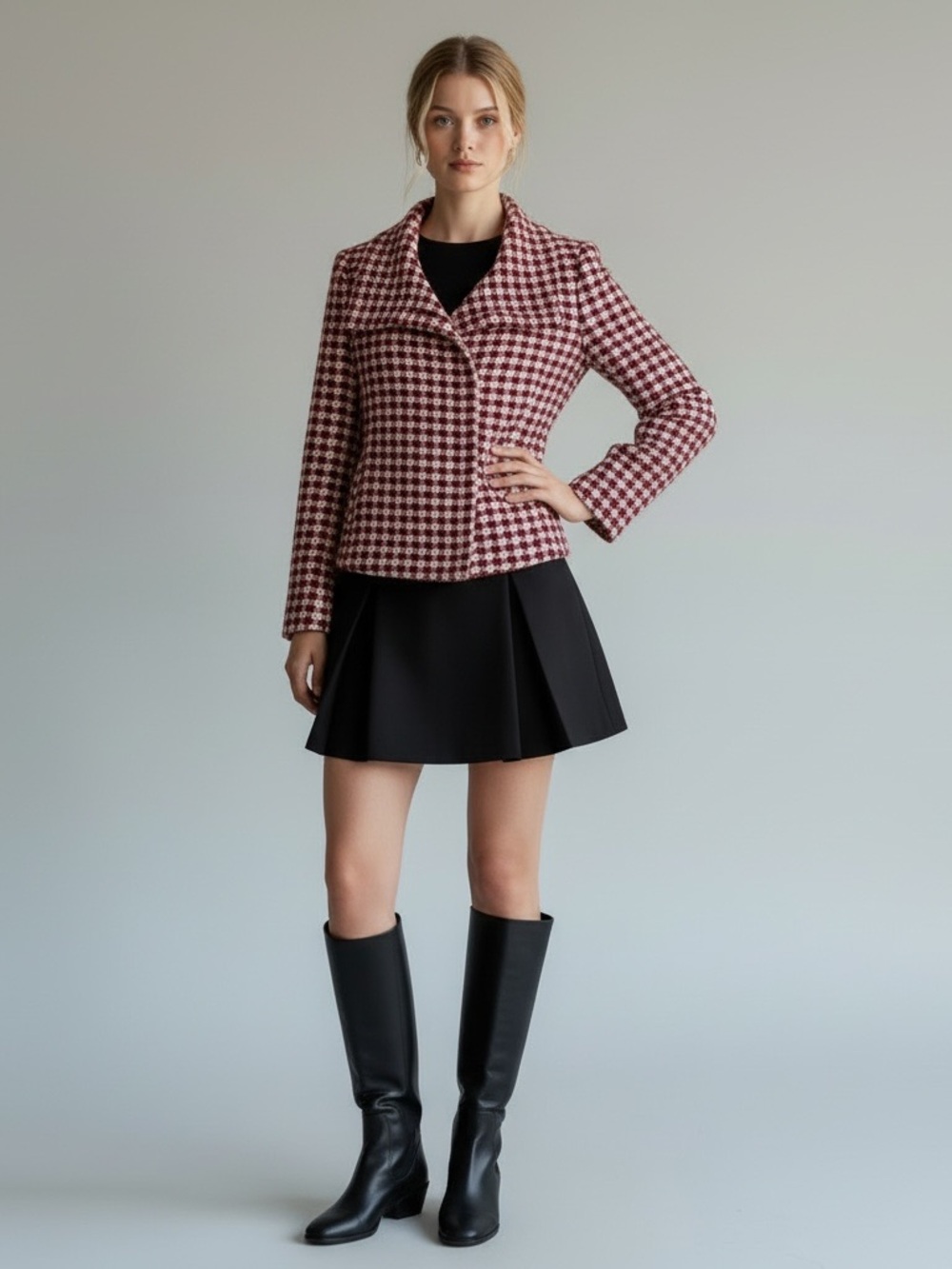 Talbots Houndstooth Asymmetric Moto Jacket Red Ivory White Wool Blend Size 8